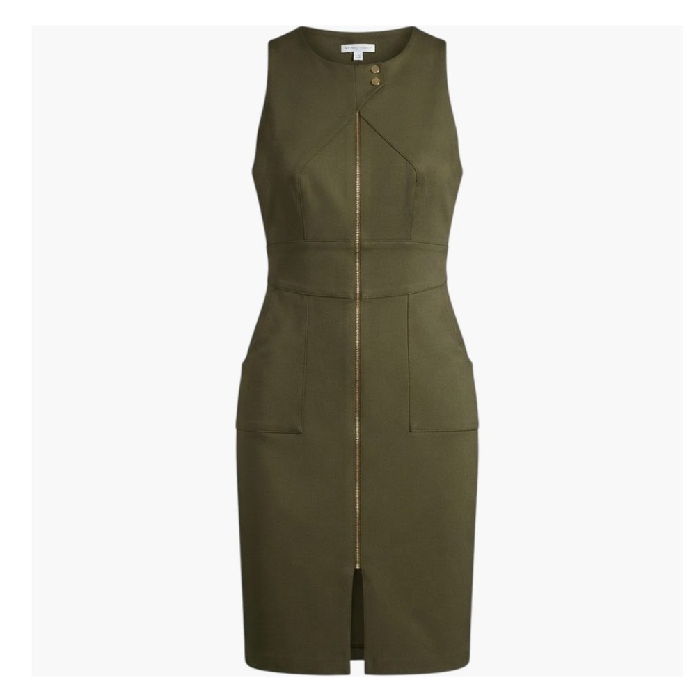 New York & Company Sheath Dress Women 12 Olive Green Zip Front Utility Stretch
